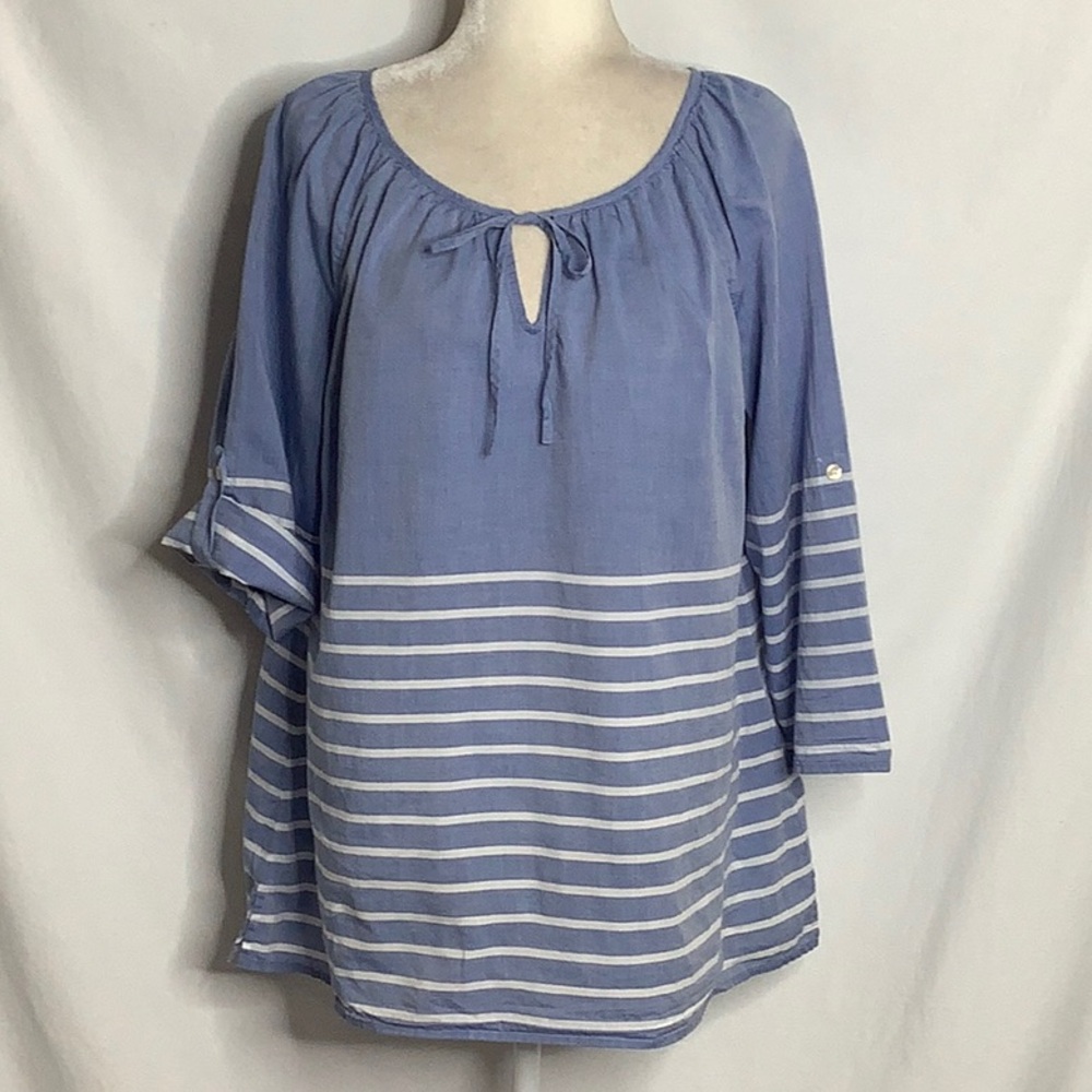 100% Cotton Blue and White Striped Blouse XL Coastal Nautical